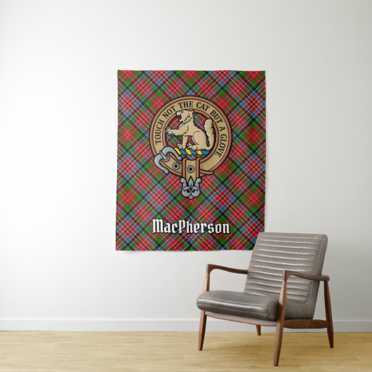 Clan MacPherson Crest over Tartan Wandkleed (In situ)
