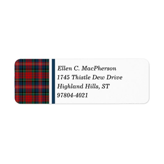 Clan MacPherson Rood en Blauw Schots Tartan Etiket (Voorkant)
