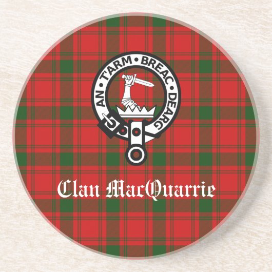 Clan MacQuarrie Tartan en Crest Zandsteen Onderzetter (Voorkant)