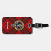Clan MacQueen Crest boven Tartan Bagagelabel (Voorkant horizontaal)