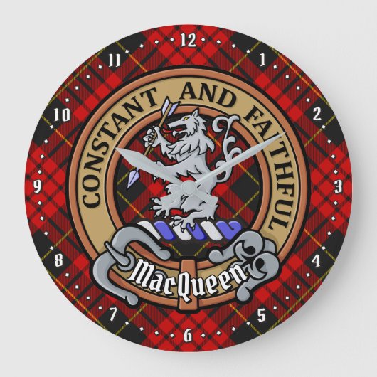 Clan MacQueen Crest boven Tartan Grote Klok (Voorkant)