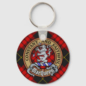 Clan MacQueen Crest boven Tartan Sleutelhanger (Voorkant)