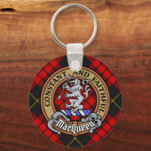 Clan MacQueen Crest boven Tartan Sleutelhanger (Voorkant)