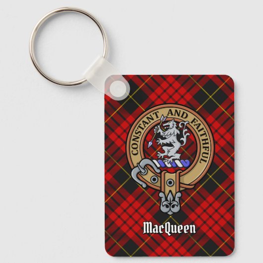 Clan MacQueen Crest boven Tartan Sleutelhanger (Voorkant)