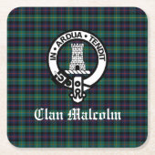 Clan Malcolm Crest Badge en Tartan Kartonnen Onderzetters (Voorkant)