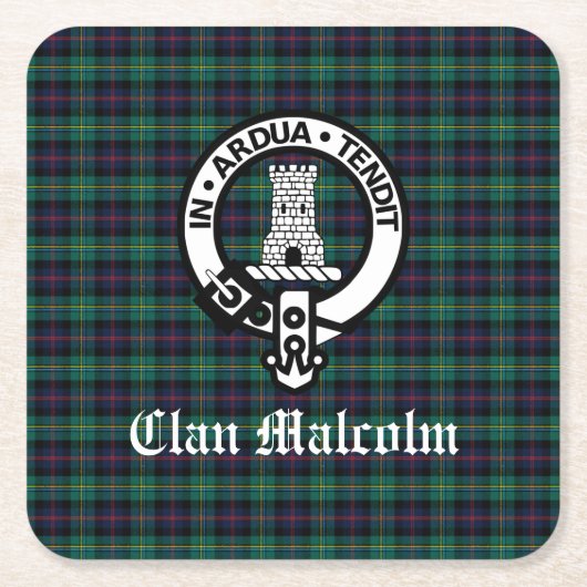 Clan Malcolm Crest Badge en Tartan Kartonnen Onderzetters (Voorkant)