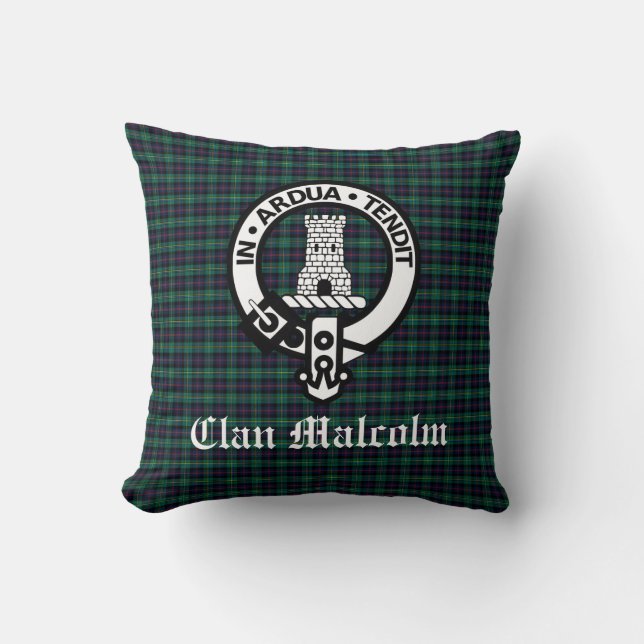 Clan Malcolm Crest Badge en Tartan Kussen (Voorkant)