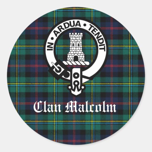 Clan Malcolm Crest Badge en Tartan Ronde Sticker (Voorkant)