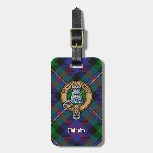 Clan Malcolm Crest over tartan Bagagelabel (Voorkant verticaal)