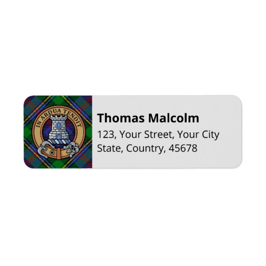 Clan Malcolm Crest over Tartan Etiket (Voorkant)
