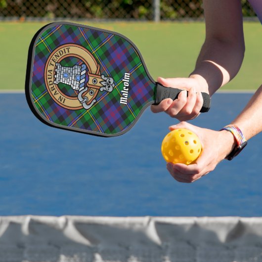 Clan Malcolm Crest over tartan Pickleball Paddle (Insitu)