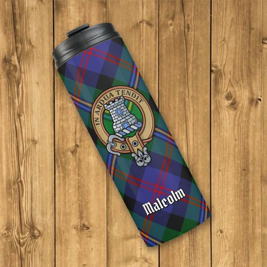 Clan Malcolm Crest over tartan Thermosbeker