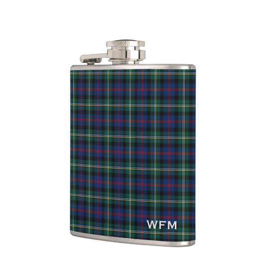 Clan Malcolm Tartan Donkerblauw en Groen Monogram Heupfles (Links)