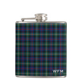 Clan Malcolm Tartan Donkerblauw en Groen Monogram Heupfles (Voorkant)