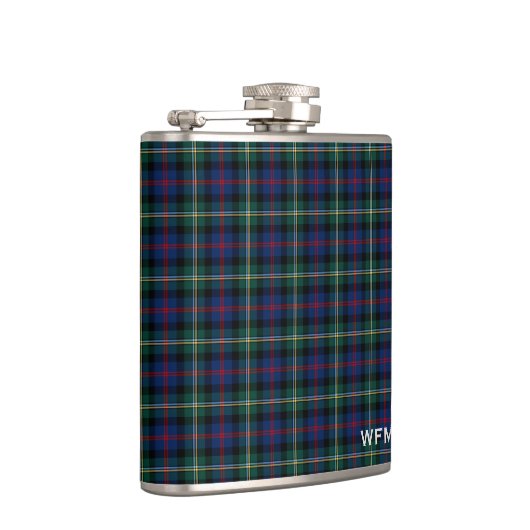 Clan Malcolm Tartan Donkerblauw en Groen Monogram Heupfles (Rechts)