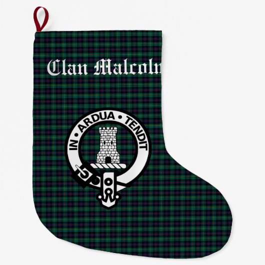 Clan Malcolm Tartan en Crest Grote Kerstsok (Voorkant)