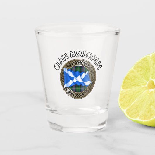 Clan Malcolm Tartan Knot & Flag Shot Glas (Voorkant)