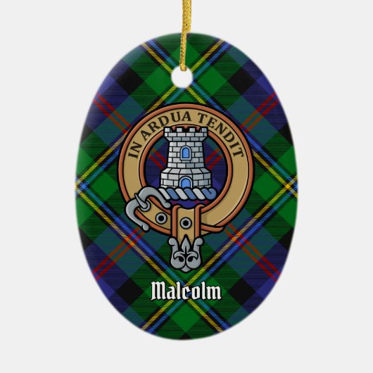 Clan Malcolm Wapen over Tartan Keramisch Ornament (Voorkant)