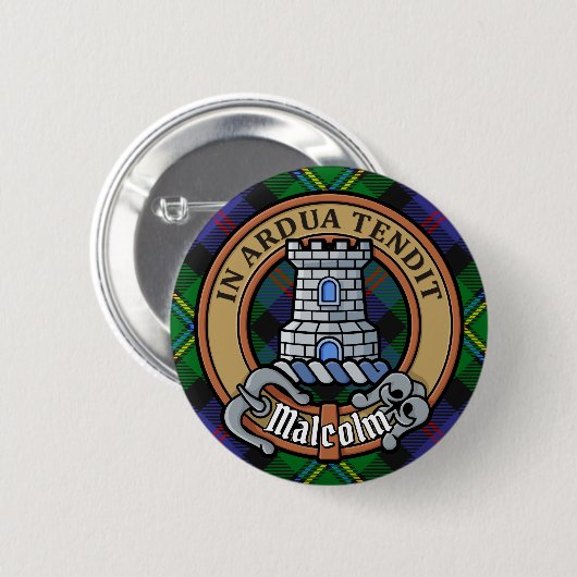 Clan Malcolm Wapen over Tartan Ronde Button 5,7 Cm (Voorkant /achterkant)