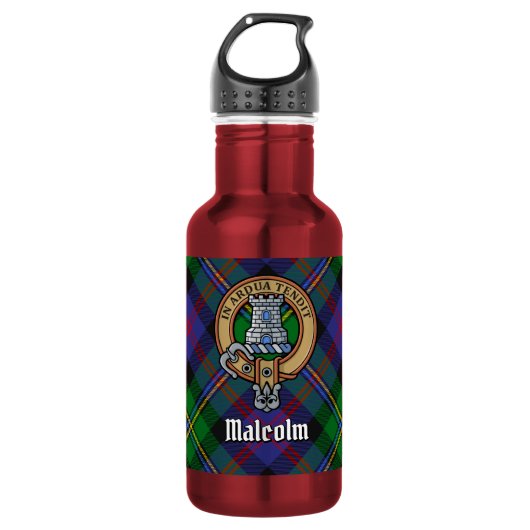Clan Malcolm Wapen over Tartan Waterfles (Voorkant)