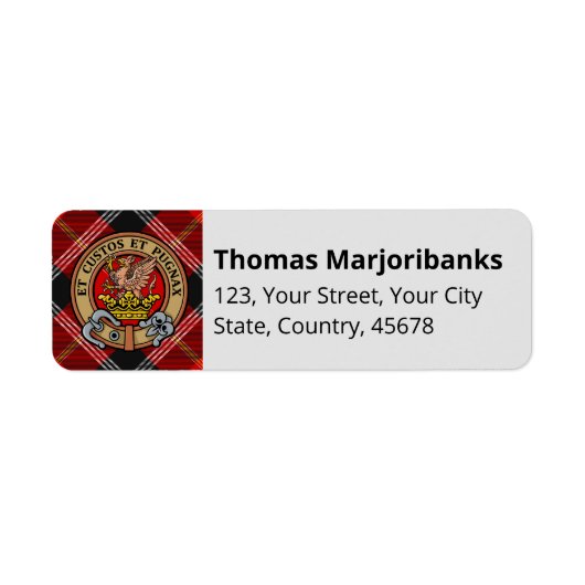 Clan Marjoribanks Crest over Tartan Etiket (Voorkant)