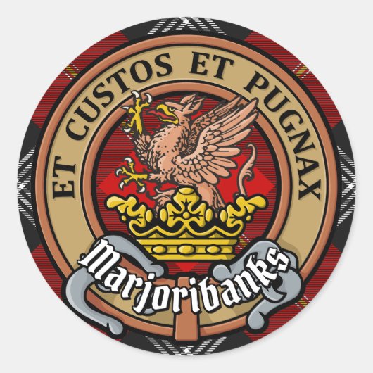 Clan Marjoribanks Crest over Tartan Ronde Sticker (Voorkant)