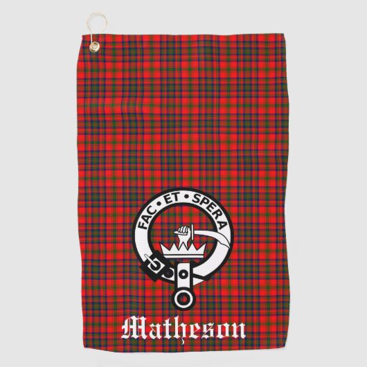 Clan Matheson Crest Badge en Tartan Golfhanddoek (Voorkant)