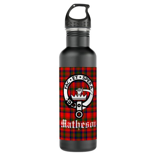 Clan Matheson Crest Badge en Tartan Waterfles (Voorkant)