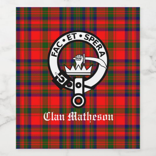 Clan Matheson Crest Badge en Tartan Wijn Etiket (Enkel label)