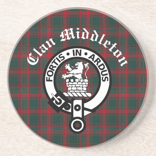 Clan Middleton Crest Badge en Tartan Zandsteen Onderzetter (Voorkant)