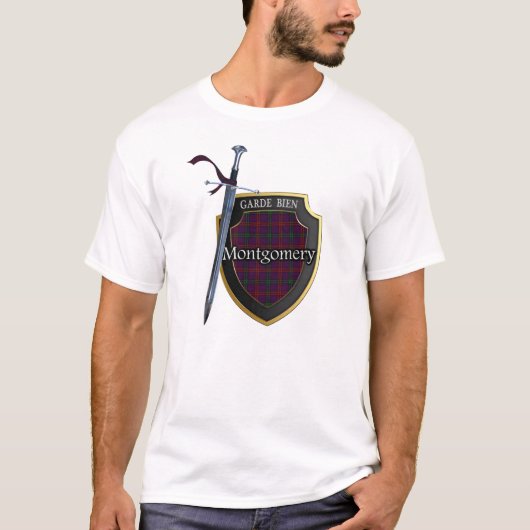 Clan Montgomery Tartan Schots Schild & Zwaard T-shirt (Voorkant)