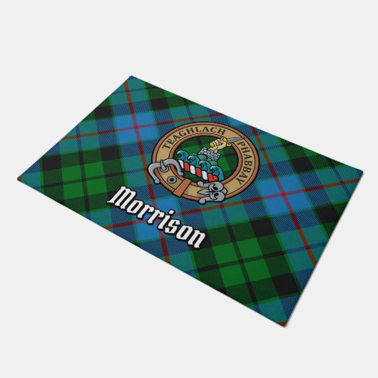 Clan Morrison Crest over het jagen op Tartan Deurmat (Schuin)
