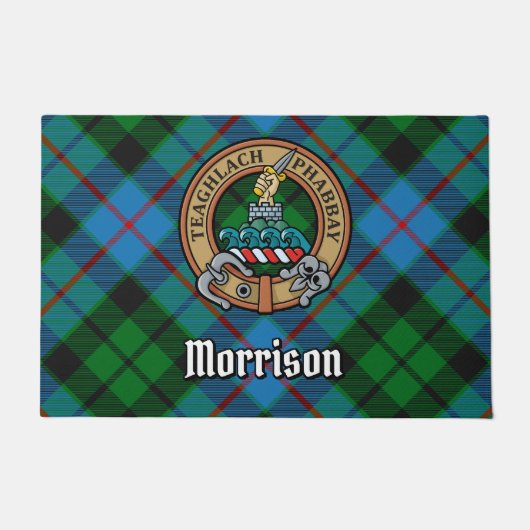Clan Morrison Crest over het jagen op Tartan Deurmat (Voorkant)