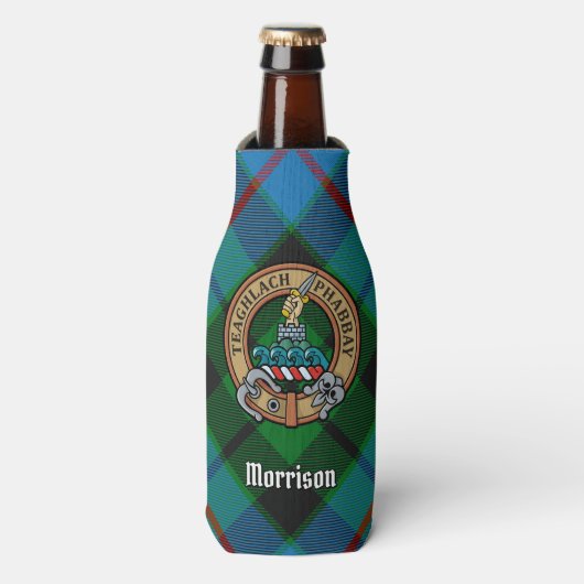 Clan Morrison Crest over het jagen op Tartan Flesjeskoeler (Fles Voorkant)