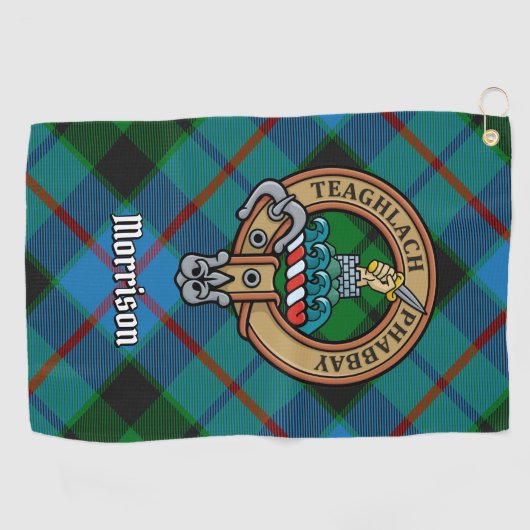Clan Morrison Crest over het jagen op Tartan Golfh Golfhanddoek (Horizontaal)