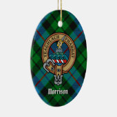 Clan Morrison Crest over het jagen op Tartan Keramisch Ornament (Rechts)