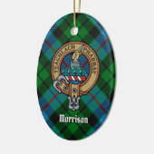Clan Morrison Crest over het jagen op Tartan Keramisch Ornament (Links)