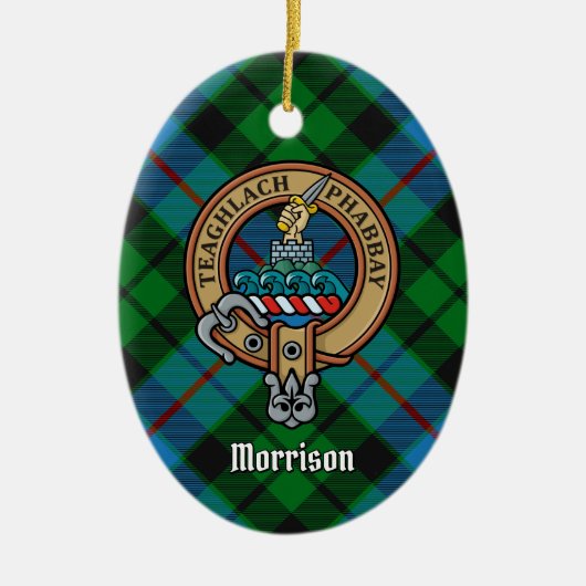 Clan Morrison Crest over het jagen op Tartan Keramisch Ornament (Voorkant)