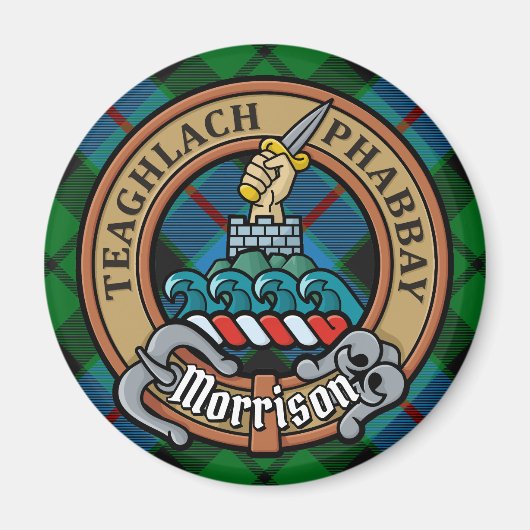 Clan Morrison Crest over het jagen op Tartan Magneet (Voorkant)