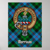 Clan Morrison Crest over het jagen op Tartan Poster (Voorkant)