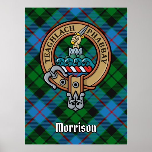 Clan Morrison Crest over het jagen op Tartan Poster (Voorkant)