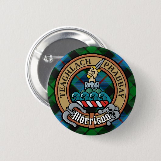 Clan Morrison Crest over het jagen op Tartan Ronde Button 5,7 Cm (Voorkant /achterkant)