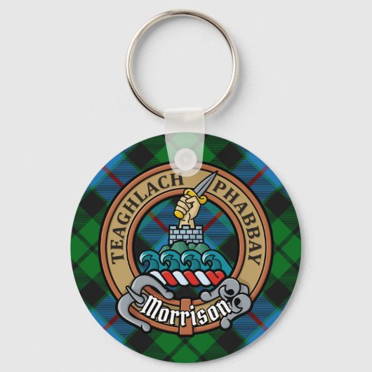 Clan Morrison Crest over het jagen op Tartan Sleutelhanger (Voorkant)