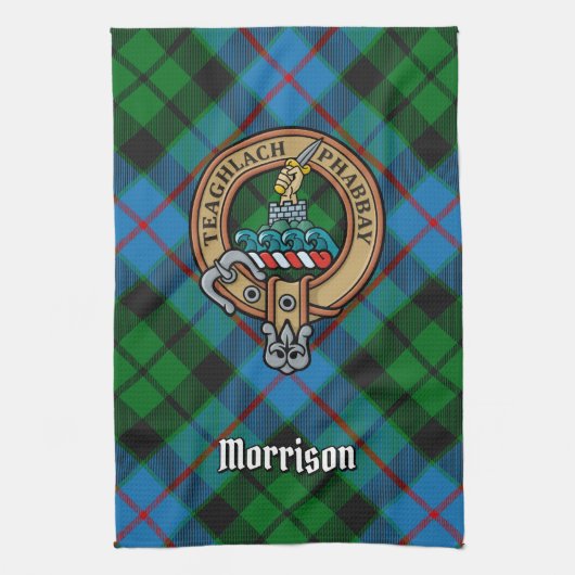 Clan Morrison Crest over het jagen op Tartan Theedoek (Verticaal)