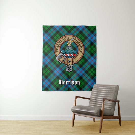 Clan Morrison Crest over het jagen op Tartan Wandkleed (In situ)