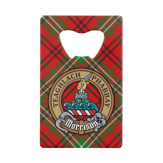Clan Morrison Crest over Red Tartan Creditkaart Flessenopener (Voorkant)