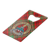 Clan Morrison Crest over Red Tartan Creditkaart Flessenopener (Voorkant Gekanteld)