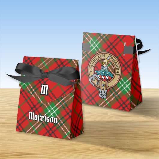 Clan Morrison Crest over Red Tartan Favor Box Bedankdoosjes