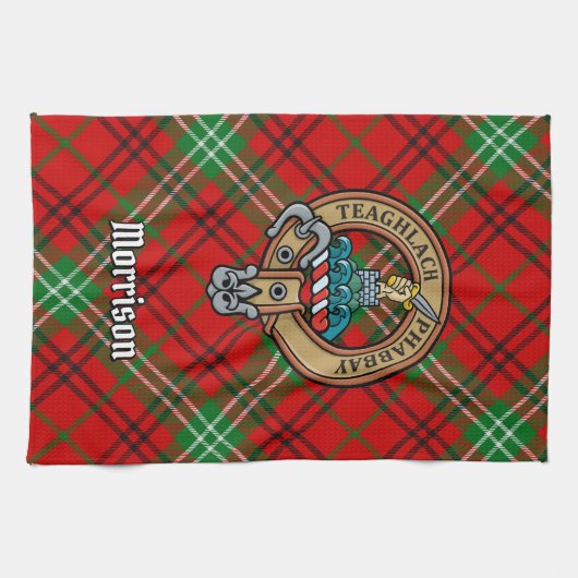 Clan Morrison Crest over Red Tartan Kitchen Towel Theedoek (Horizontaal)