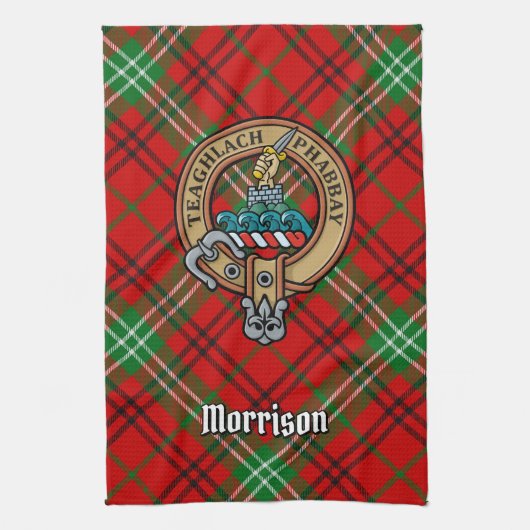Clan Morrison Crest over Red Tartan Kitchen Towel Theedoek (Verticaal)